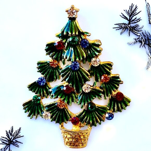 EISENBERG ICE Vintage Christmas Tree Brooch Green Enamel & Rhinestones Signed - Picture 1 of 14